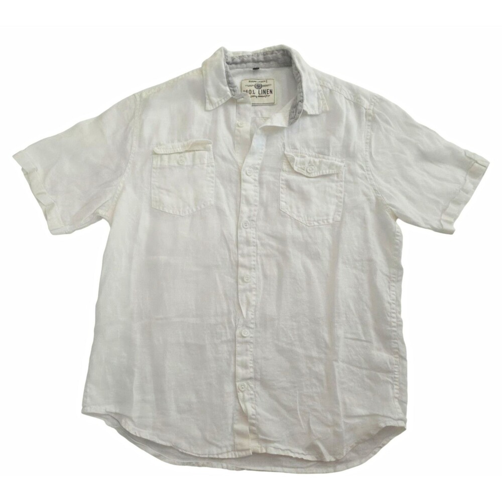 Angelo Litrico Men's L White Linen Woven Short Sleeve Button-Up Point Collar